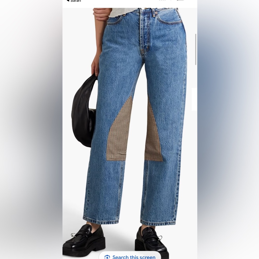 Still Here Classic Blue Straight Leg Jeans with Brown Plaid Detail size 26